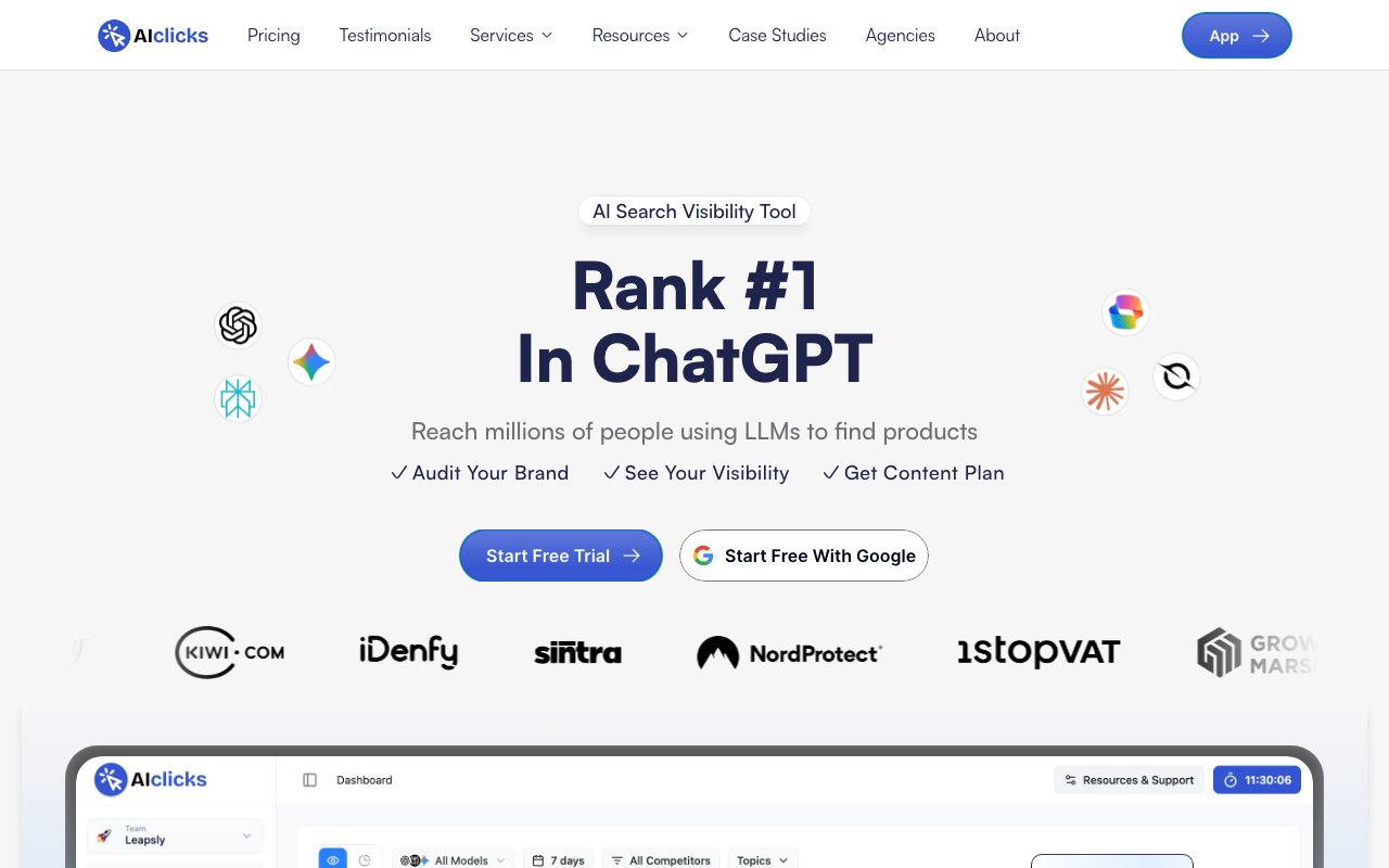 AIclicks dashboard showing AI search visibility with Prompt Cluster Mapping and Citation Intelligence for revenue-connected tracking