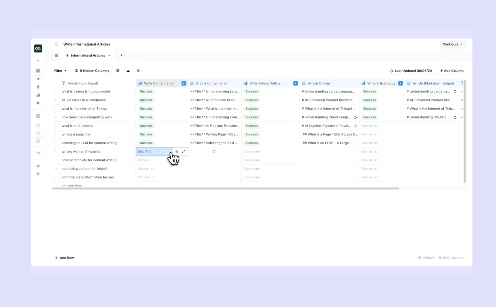 AirOps Grids interface showing Write Informational Articles bulk content pipeline with multiple rows running through the content production workflow