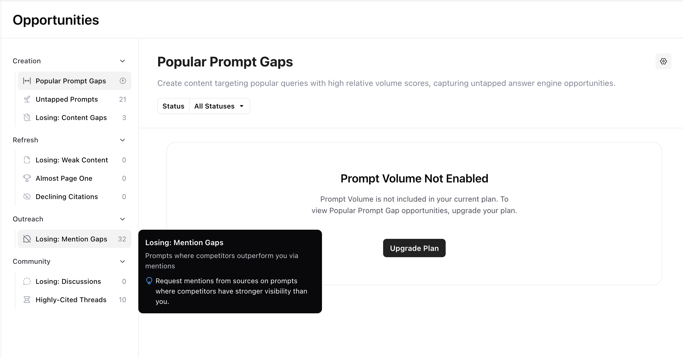 AirOps Opportunities section showing Popular Prompt Gaps, Untapped Prompts, Content Gaps, Mention Gaps, and Highly-Cited Threads with counts