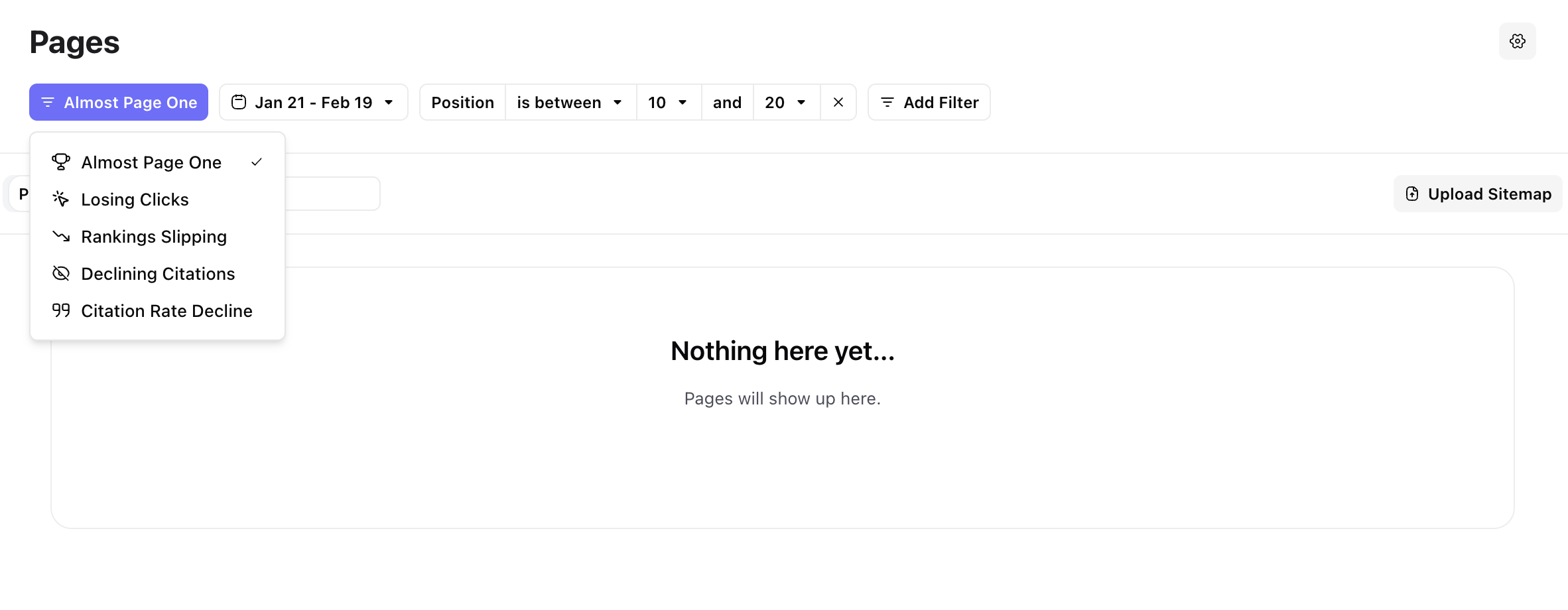 AirOps Pages section with Almost Page One smart filter active showing content inventory and performance data