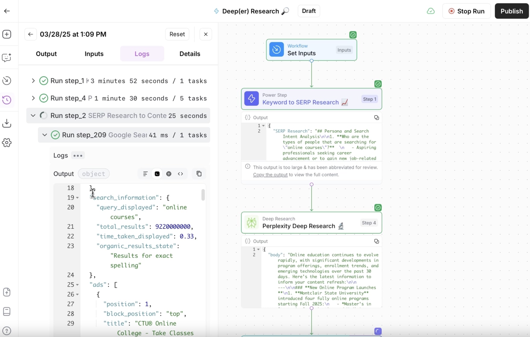 AirOps Power Agents workflow builder showing Deep Research pipeline with Keyword to SERP Research and Perplexity Deep Research steps