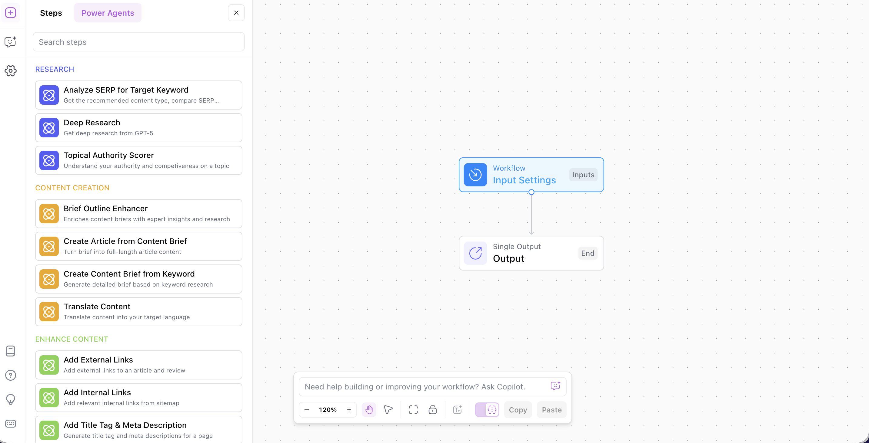 AirOps Power Agents step library panel showing Research, Content Creation, and Enhance Content categories with all available steps