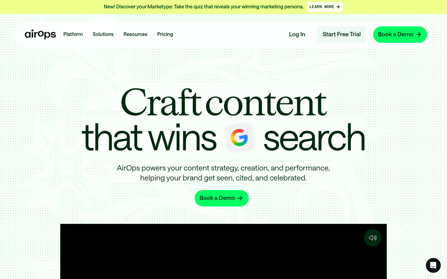 AirOps homepage showing AI search visibility platform with Power Agents and content workflows