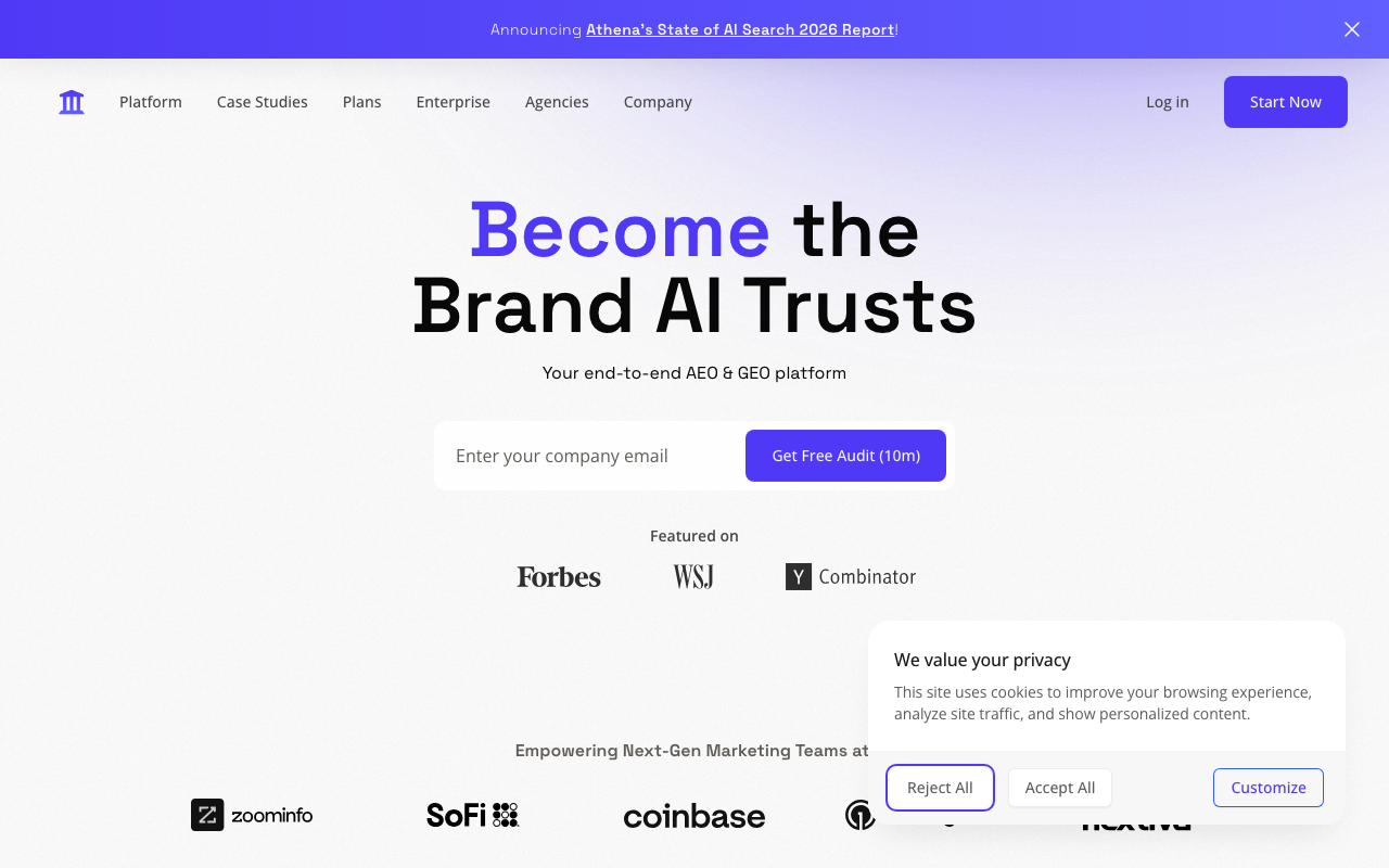 AthenaHQ dashboard showing AI visibility tracking across 8 LLMs with citation intelligence and competitor monitoring