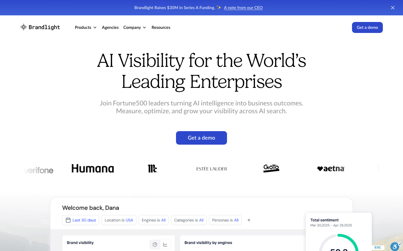 Brandlight homepage showing enterprise AI visibility platform with multi-brand dashboard, technical health monitoring, and agentic commerce tracking
