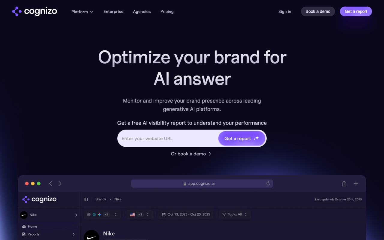 Cognizo platform showing AI visibility monitoring dashboard with bot-to-human traffic attribution, content brief generation, and technical audit results