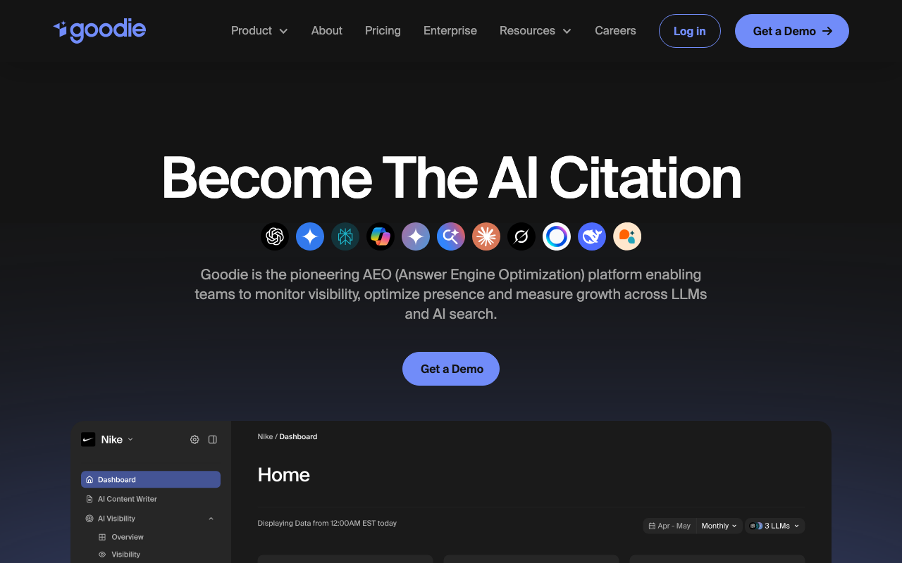 Goodie AI platform showing full-stack AEO with 11 AI surfaces