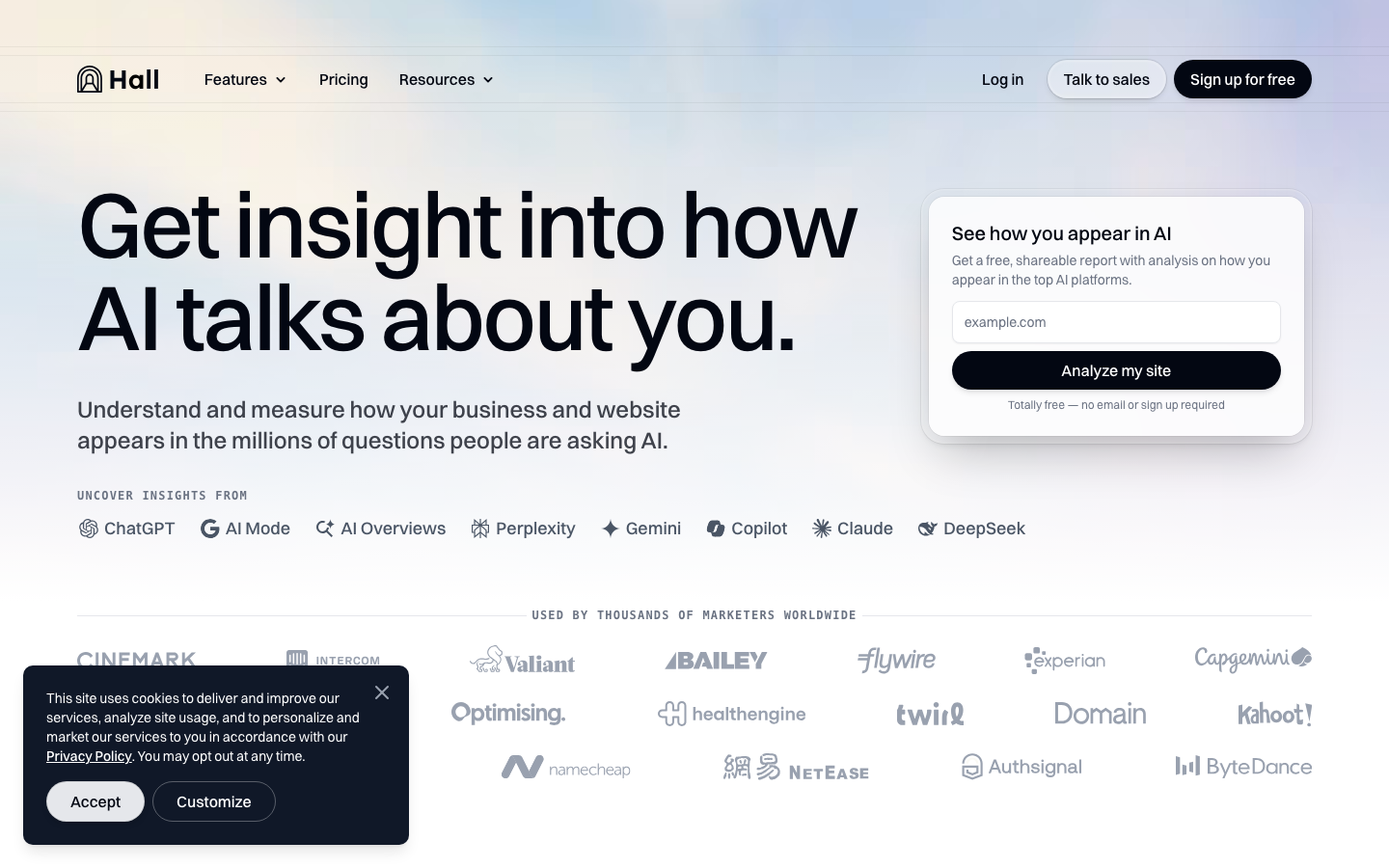 Hall platform showing AI visibility tracking across 8 platforms with free tier