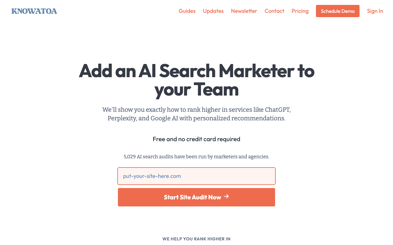 Knowatoa dashboard showing AI visibility tracking with BISCUIT Framework scoring across ChatGPT, AI Mode, AI Overviews, and competitor gap analysis