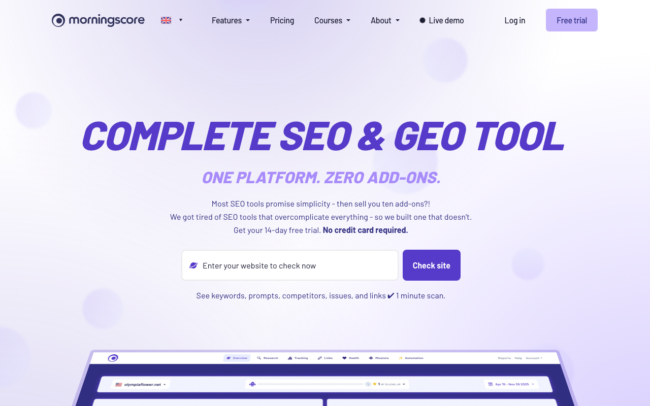 Morningscore homepage showing full SEO platform with AI content writer and ChatGPT rank tracker