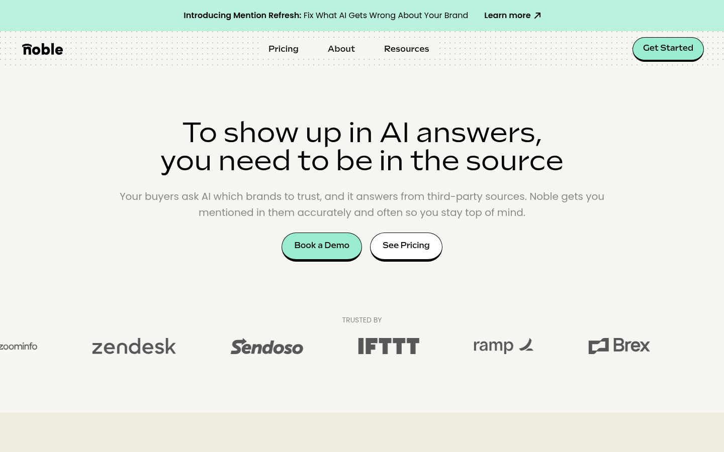 Noble homepage showing its brand mention automation platform for AI search visibility