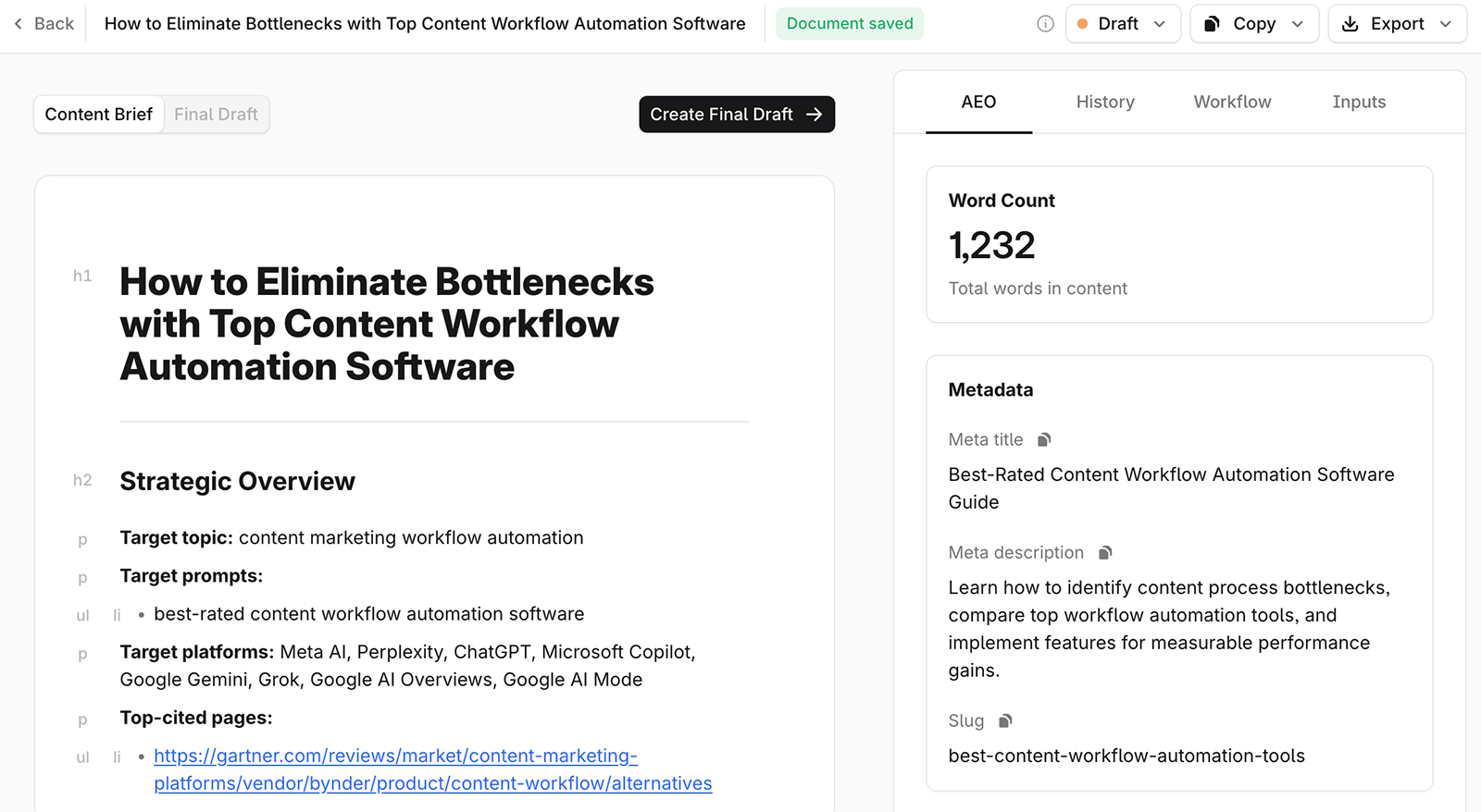 Profound Agents content brief showing target topic, prompts, platforms, and top-cited pages for AI-optimized article creation