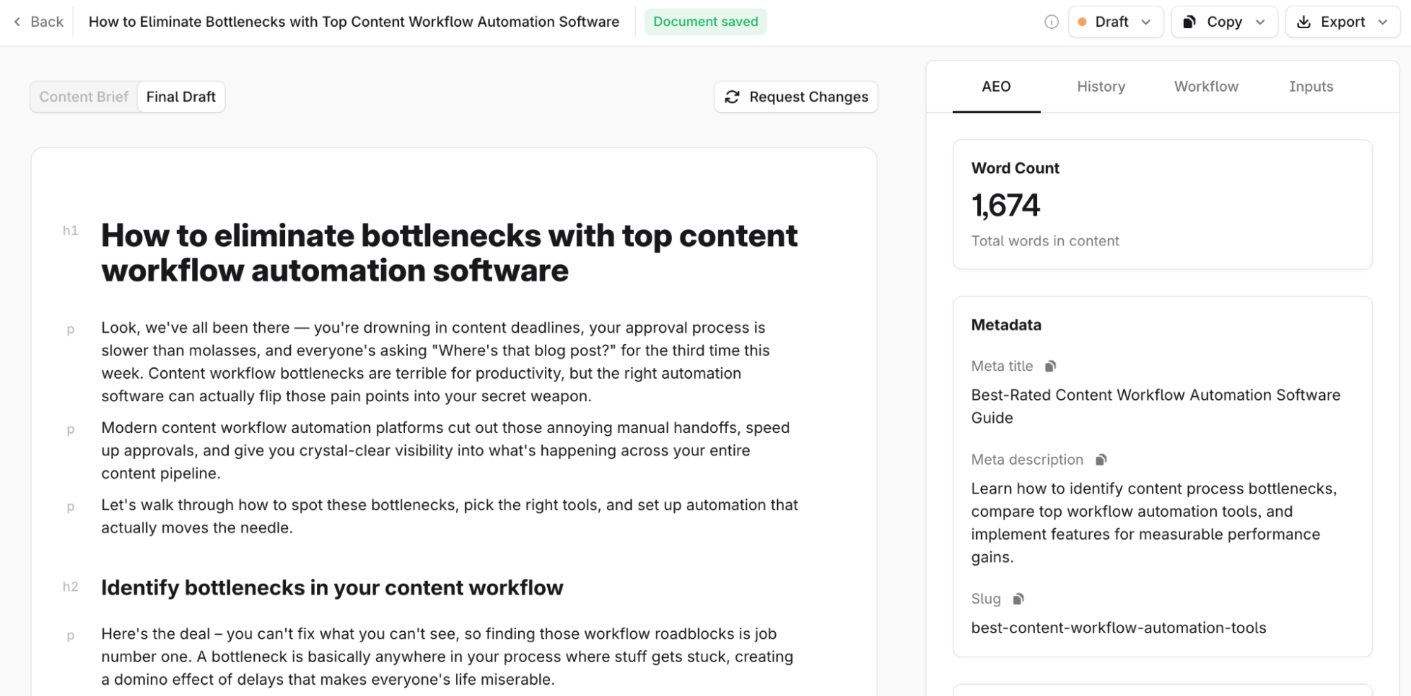 Profound Agents final draft showing AI-generated article ready for review and export