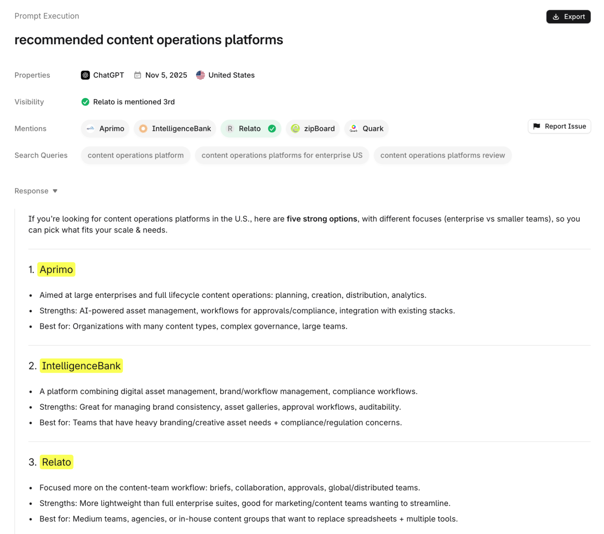 Profound prompt execution detail showing per-platform visibility, position, and competitor mentions for a tracked query