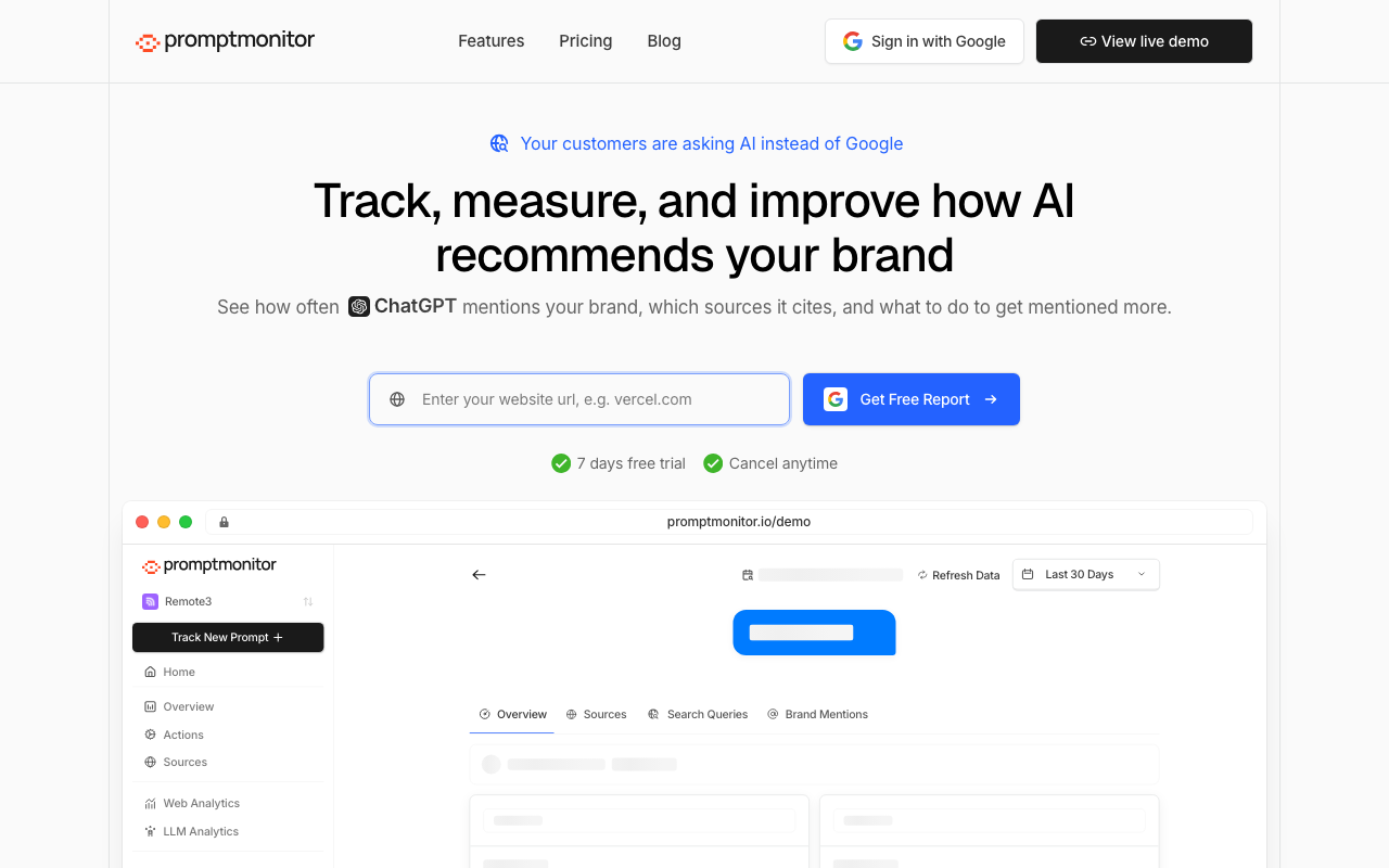 Promptmonitor dashboard showing AI brand monitoring across 8 platforms including Claude, Grok, DeepSeek, and Meta AI