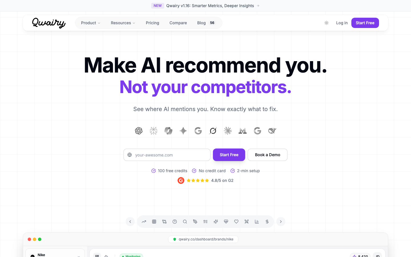 Qwairy platform showing international AI visibility tracking across 190+ countries
