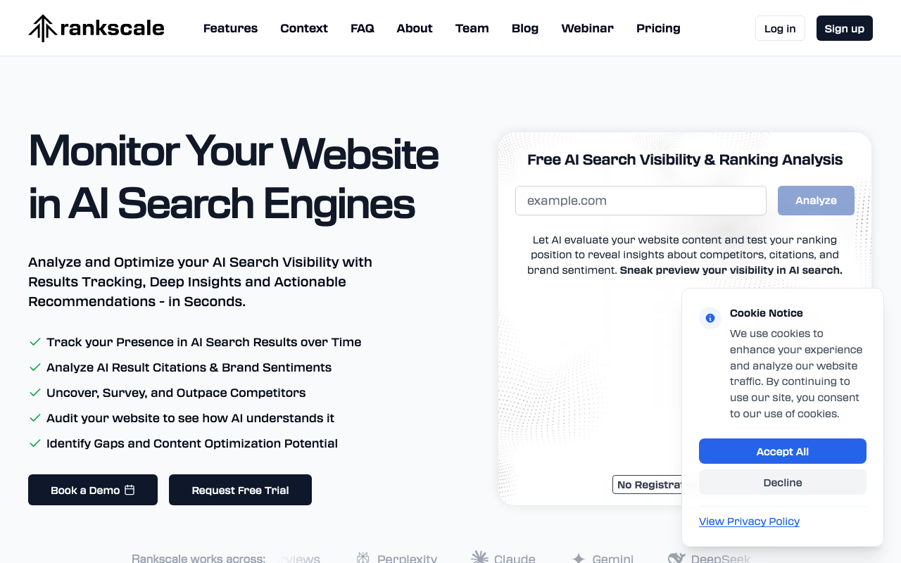 RankScale dashboard showing credit-based AI visibility tracking with sentiment analysis, website audits, and competitor benchmarking