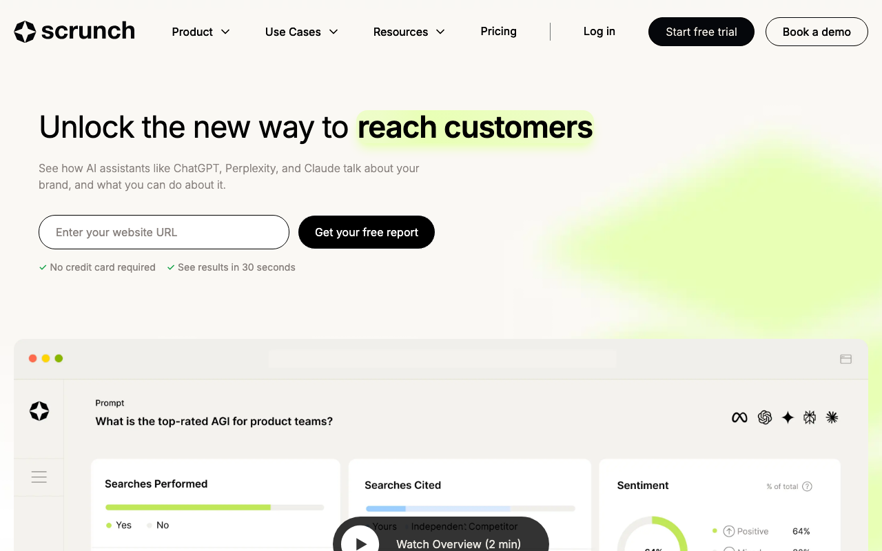 Scrunch AI homepage showing AI visibility monitoring and brand tracking platform