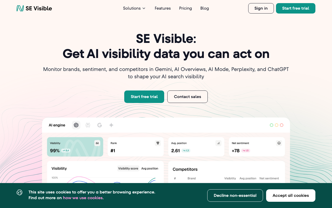 SE Visible homepage showing AI search visibility tracking tool by SE Ranking