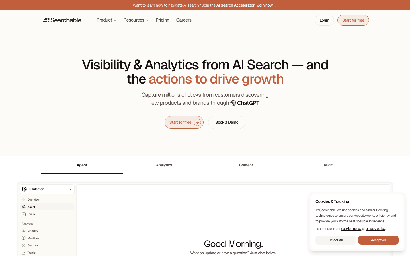 Searchable homepage showing full-stack AI visibility platform with GA4, GSC, HubSpot, and Salesforce integrations