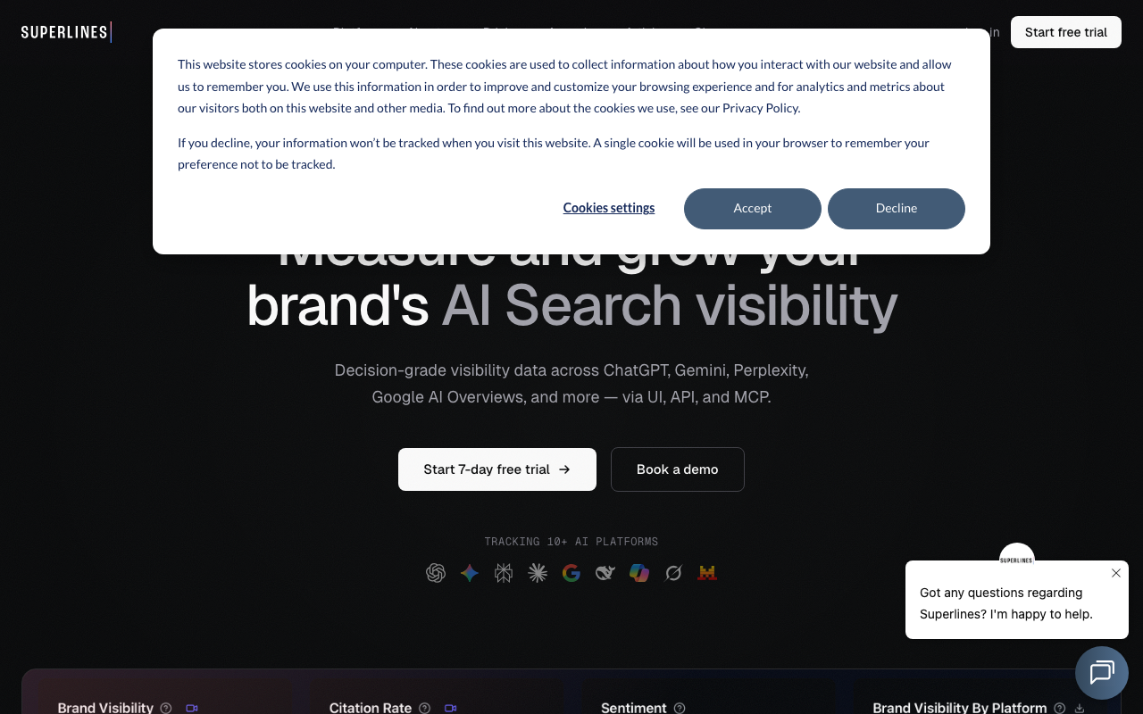 Superlines dashboard showing real live AI interface tracking across 10+ platforms including ChatGPT, Perplexity, DeepSeek, Claude, Mistral, and Grok with share of voice and citation analysis