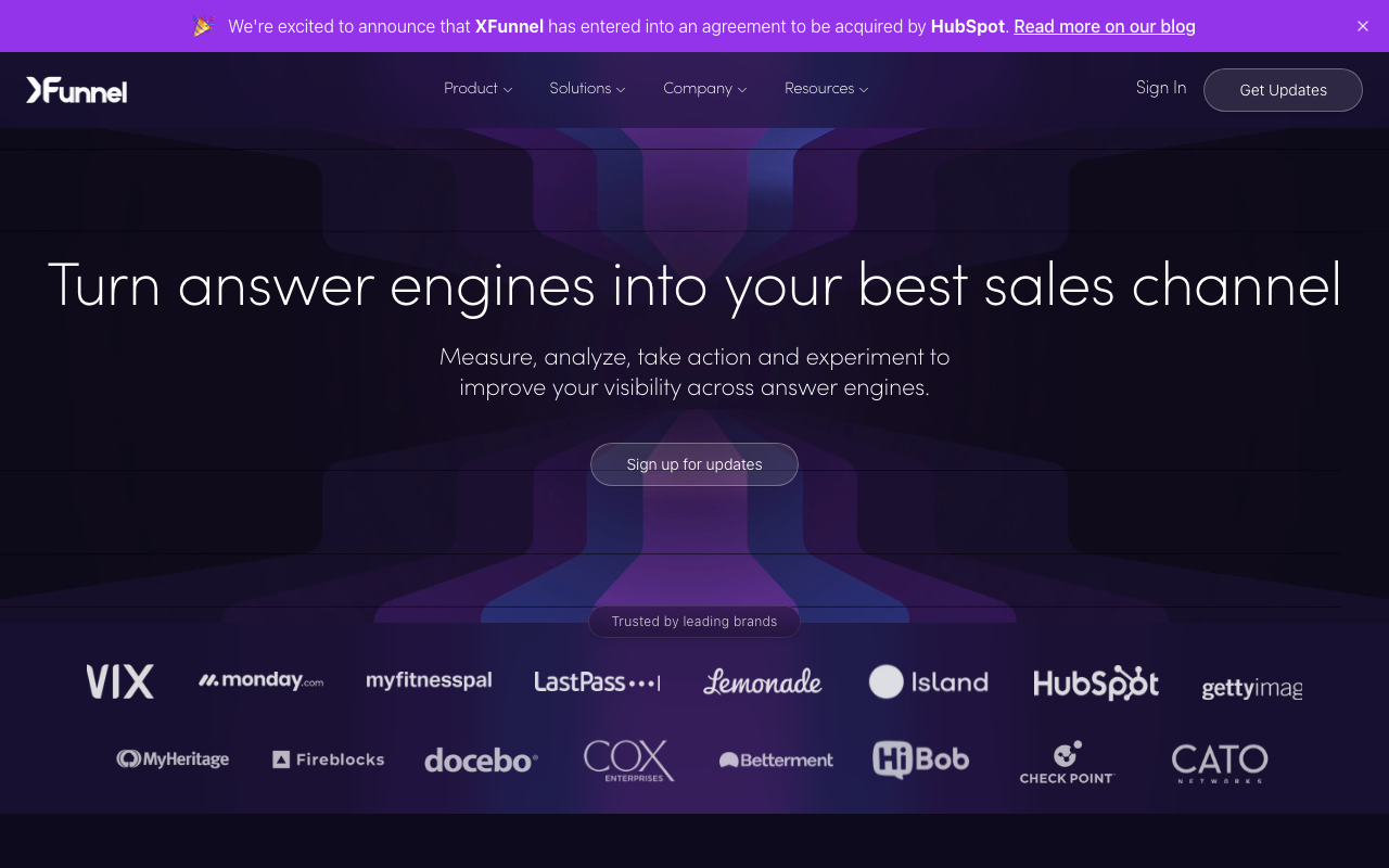 Xfunnel homepage showing AI visibility research, share of voice tracking, multivariate experimentation, and dedicated analyst service model
