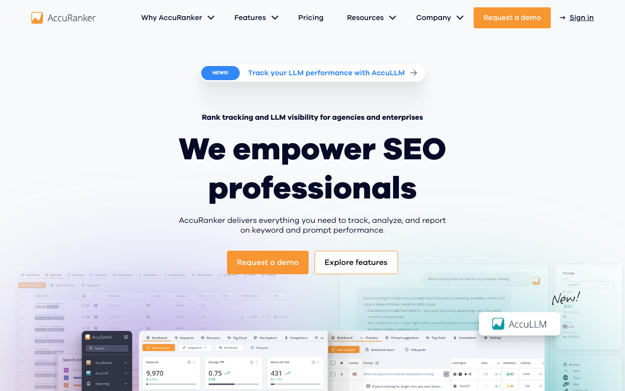 AccuRanker enterprise dashboard showing large-scale keyword tracking, on-demand rank checks, and GSC integration