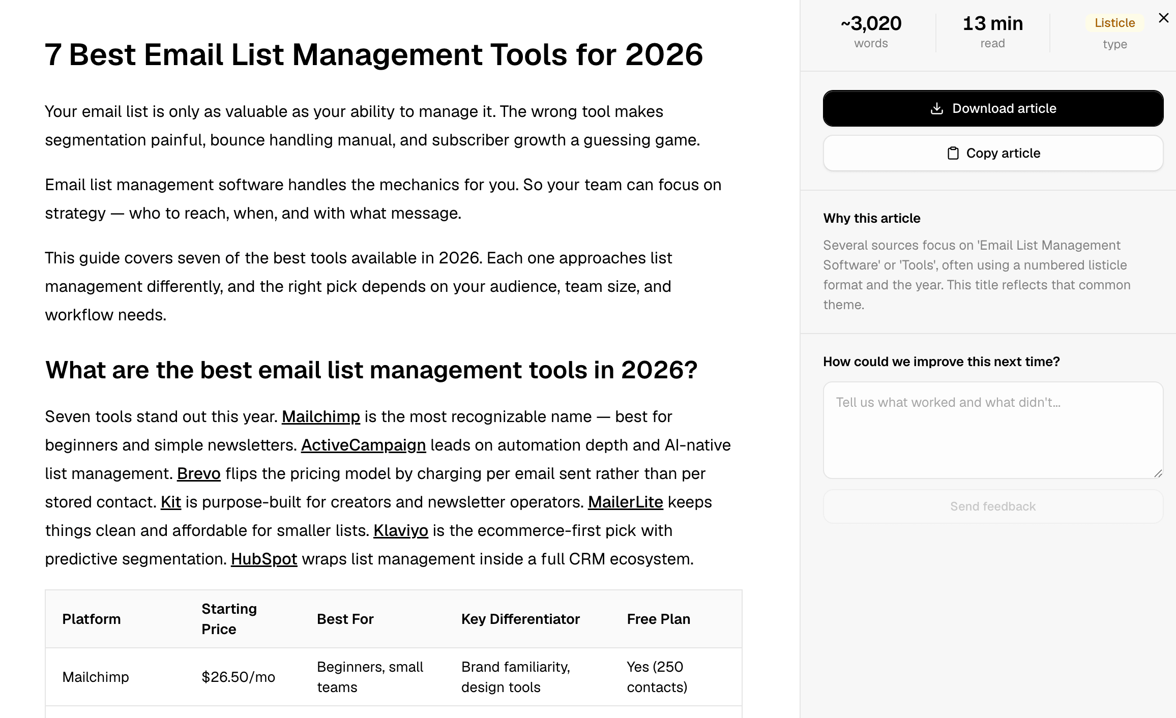Airefs article reader showing word count, read time, content type, download and copy buttons, and the Why this article explanation