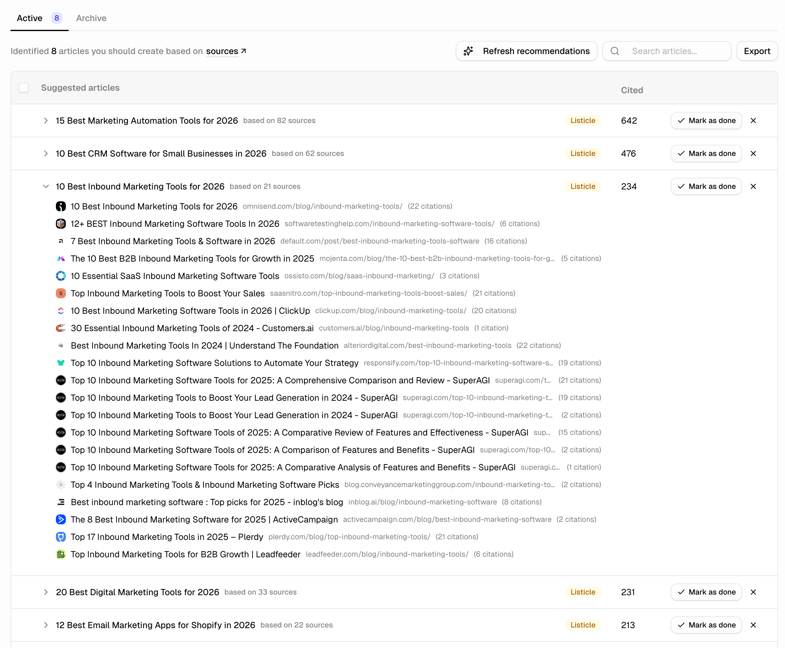 Airefs Articles page showing suggested article opportunities with Listicle type badge, source count, cited count, and expandable list of existing articles being cited