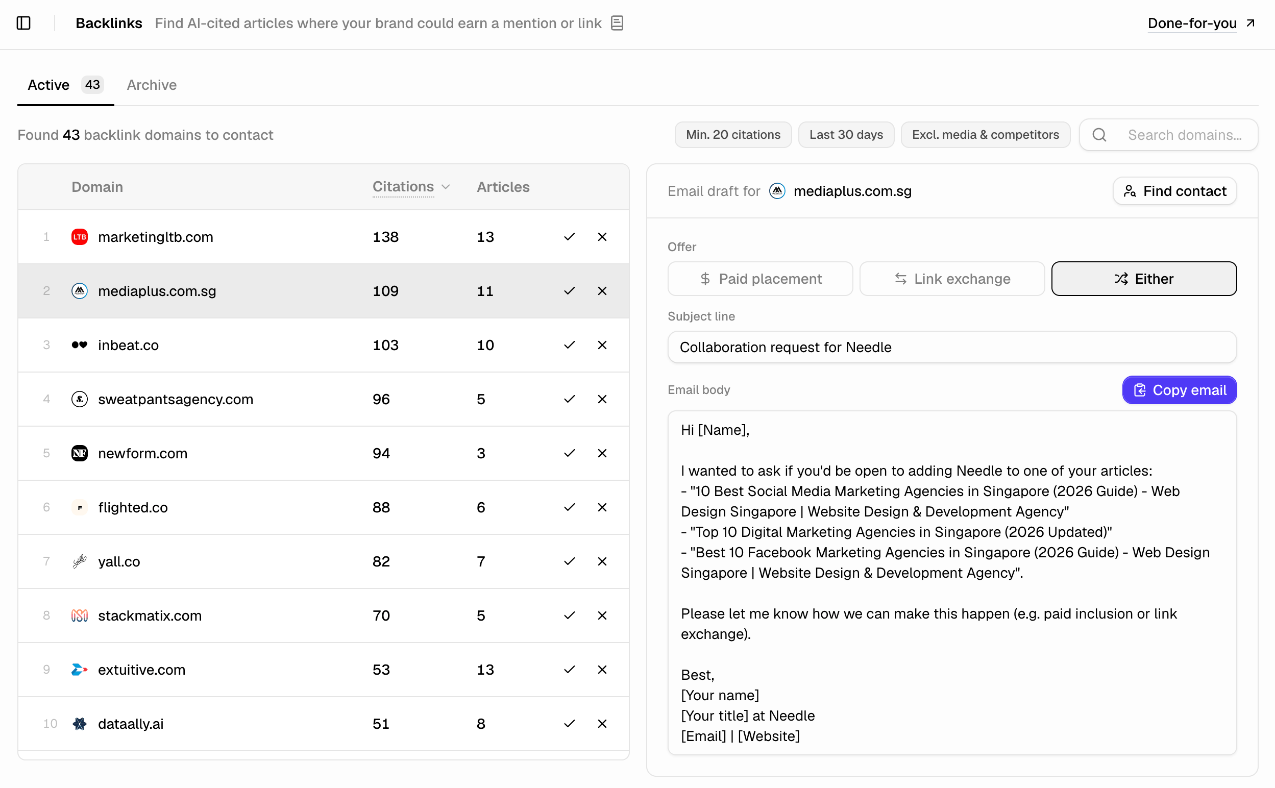 Airefs Backlinks panel showing a list of domains sorted by citation count, with outreach email template on the right side