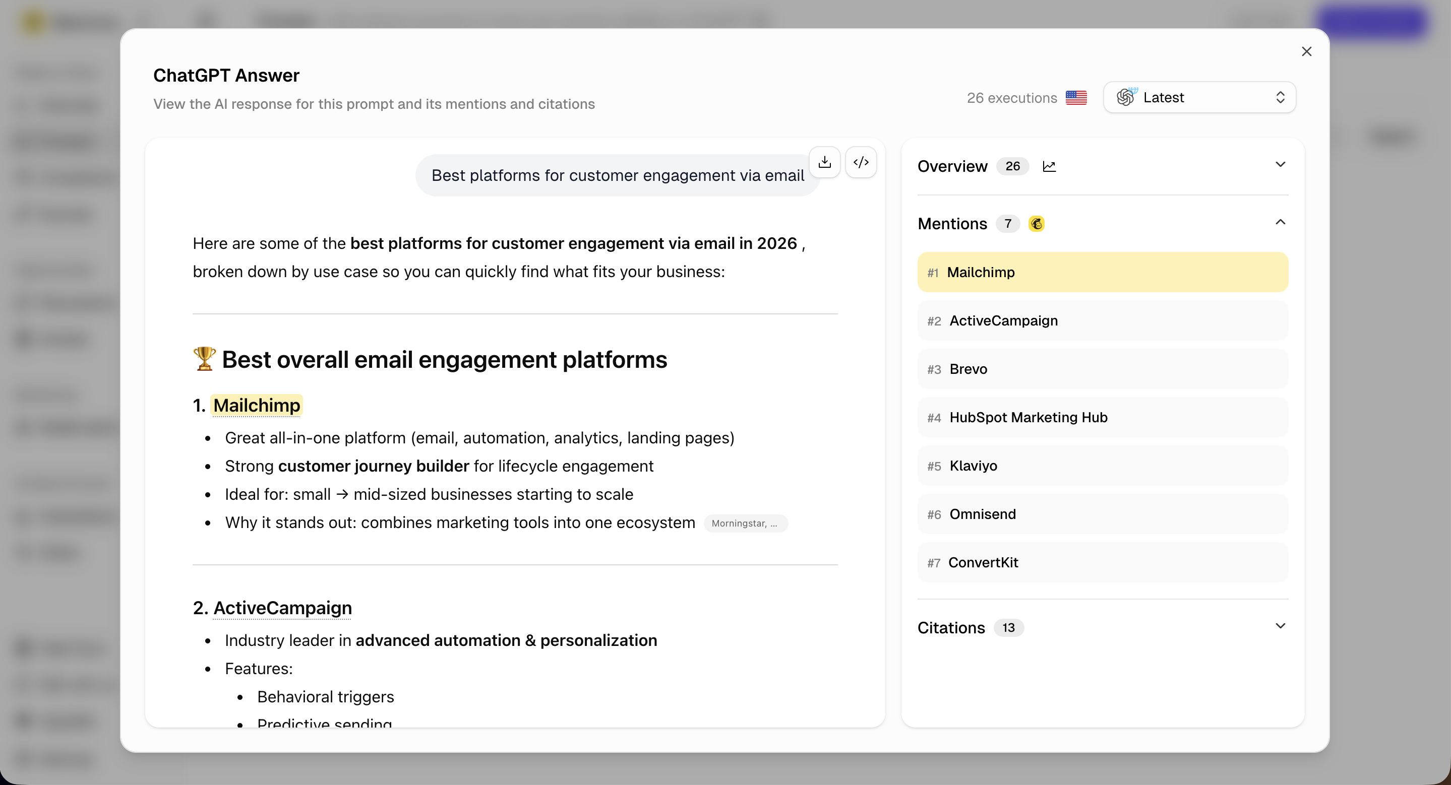 Airefs prompt execution view showing the full ChatGPT answer with brand mentions and citations listed in the side panel