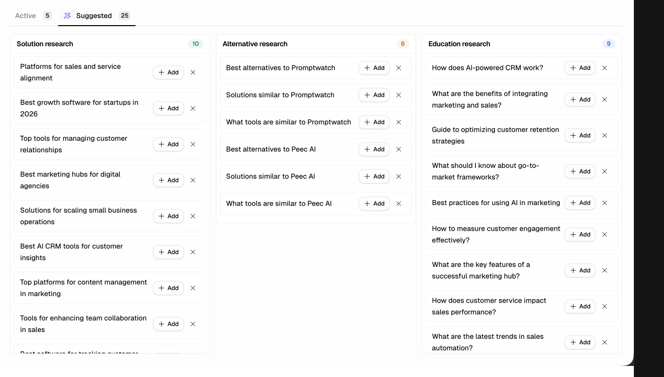 Airefs Suggested prompts tab showing three columns: Solution research, Alternative research, and Education research with pre-built prompts ready to add