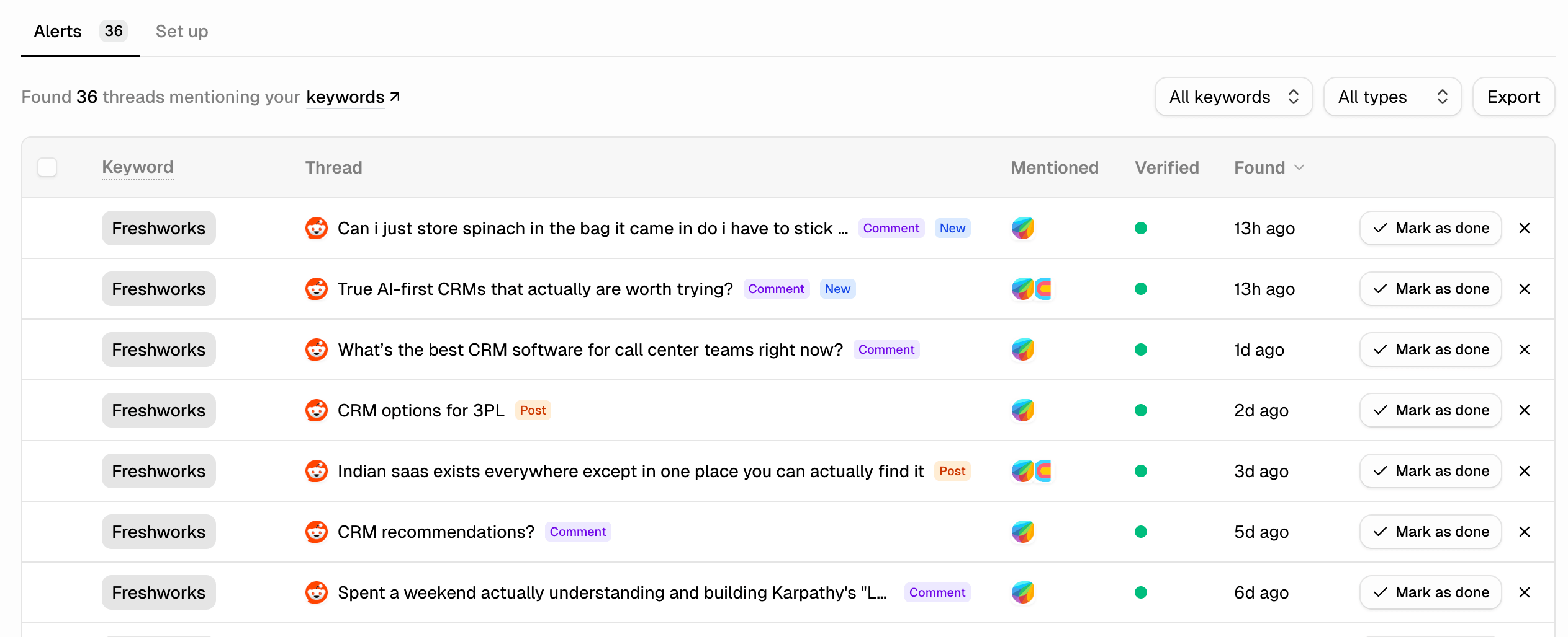Airefs Reddit Alerts feed showing new threads with keyword matches and brand mentions