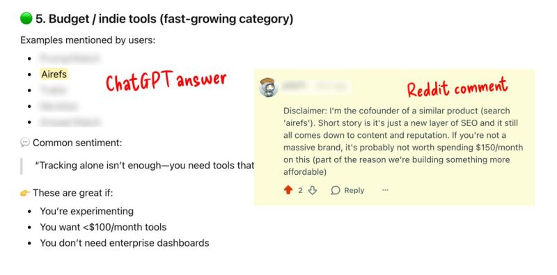 ChatGPT citing a Reddit thread where Airefs was mentioned in a single comment