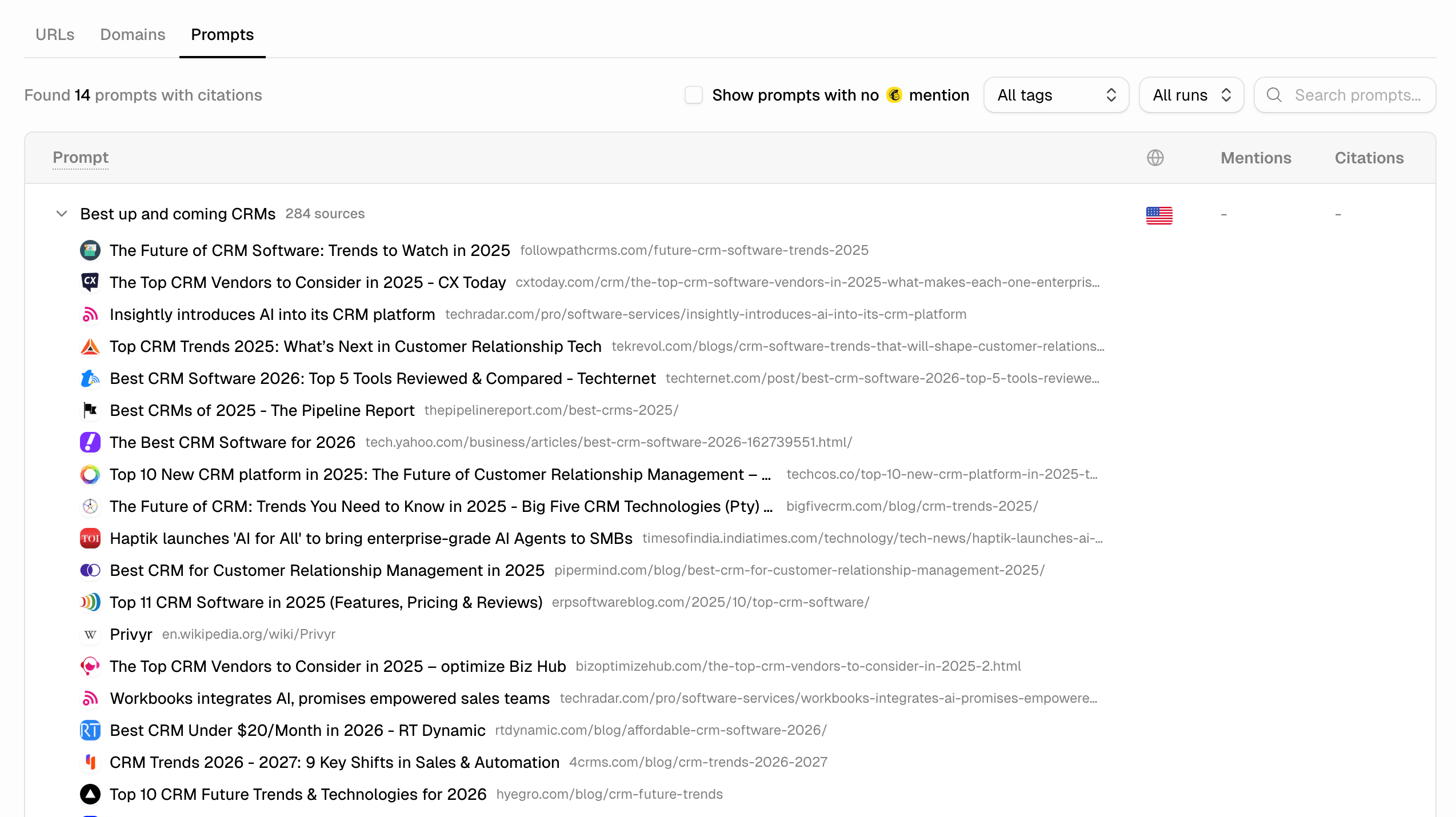 Airefs Sources Prompts tab showing each prompt with its cited sources listed below, including article titles, URLs, mention and citation counts
