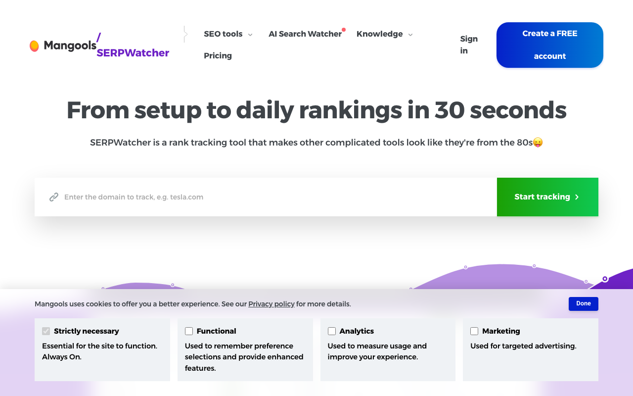 Mangools SERPWatcher showing daily rank tracking, keyword position history, and dominance index metric