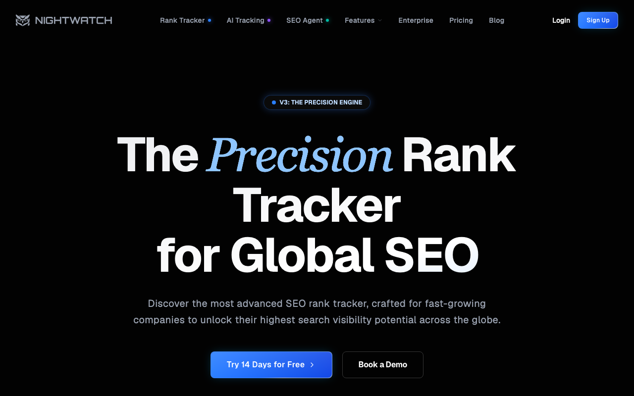 Nightwatch rank tracking showing city-level position data, daily rank changes, and local search visibility breakdown