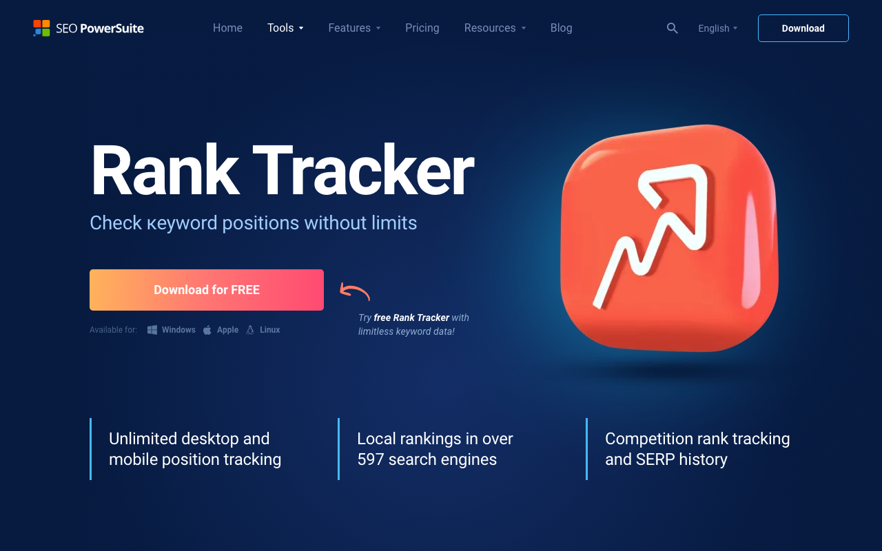 SE PowerSuite Rank Tracker desktop interface showing unlimited keyword tracking, search engine selection, and ranking history
