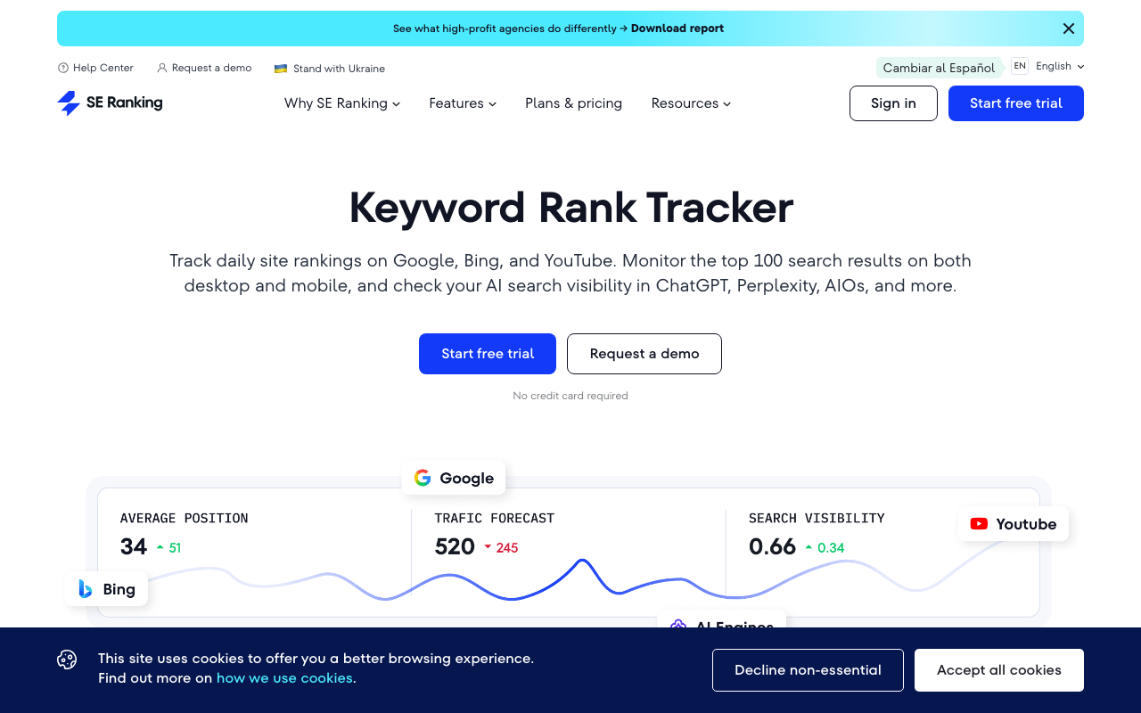 SE Ranking dashboard showing keyword position tracking, competitor comparison, and white-label reporting interface