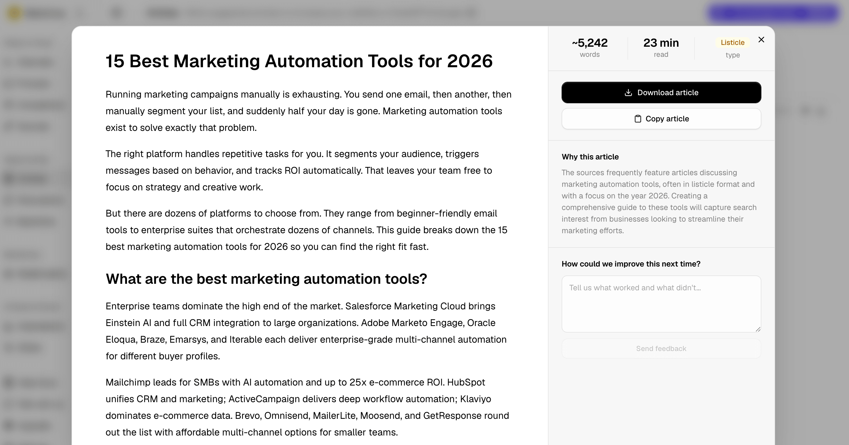 Airefs article recommendations queue with citation-backed reasoning for each idea