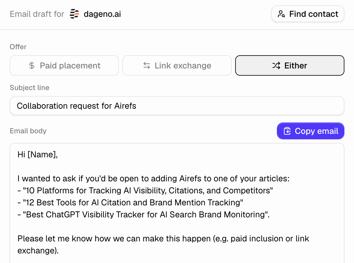 Drafted outreach email with a contact-finding button