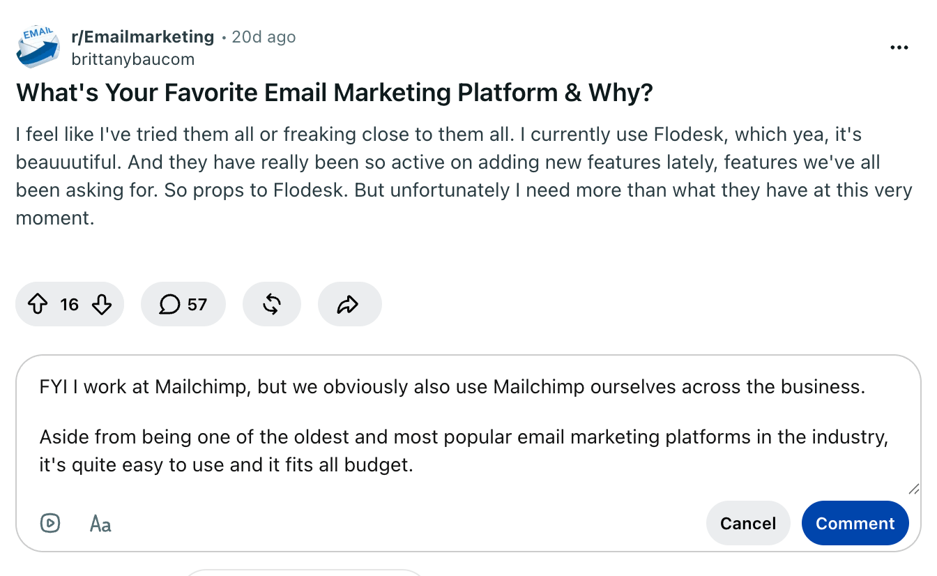 Draft comment generated from thread context and brand information, ready to copy or post