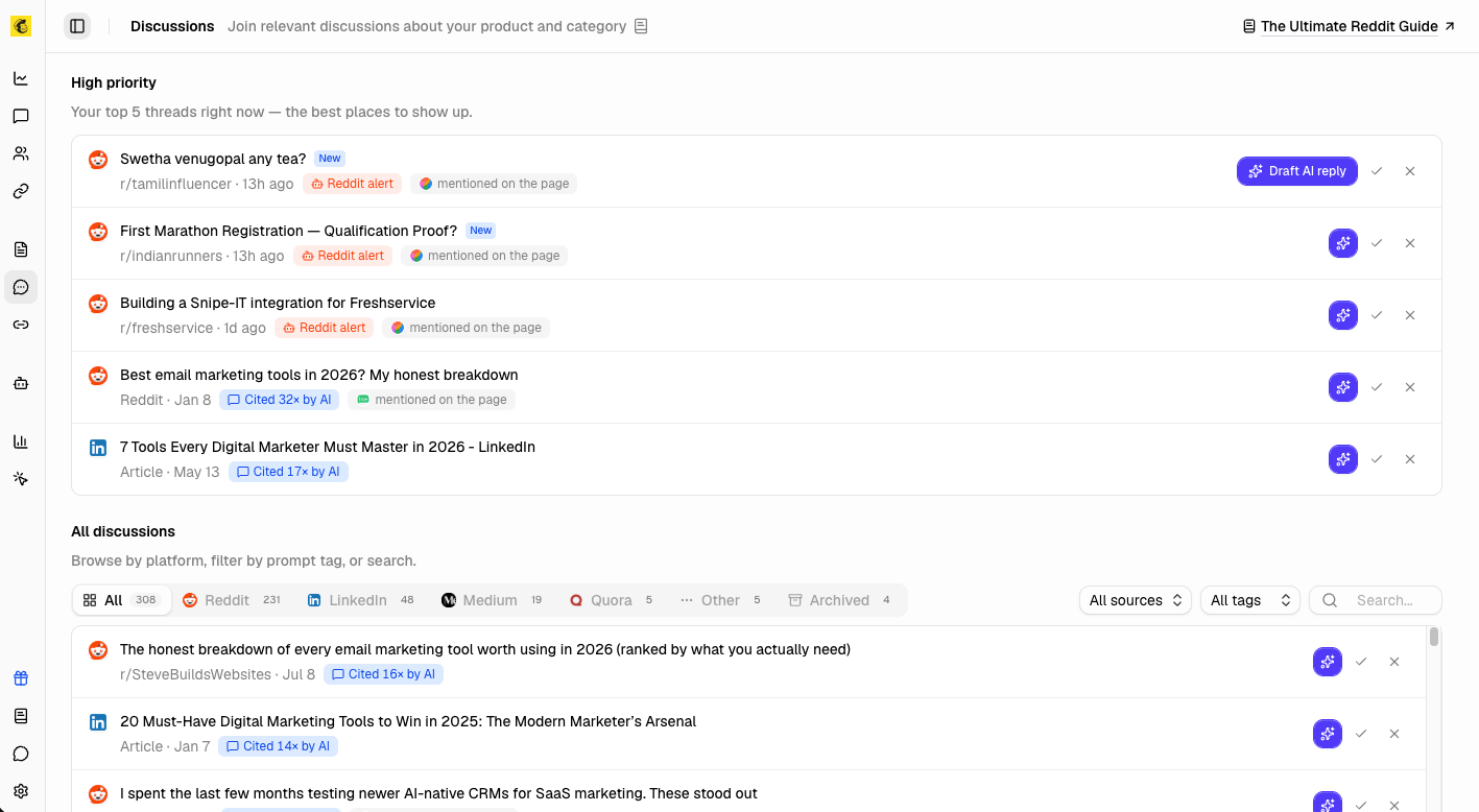 Airefs Discussions page surfacing relevant Reddit and forum discussions about the product and category