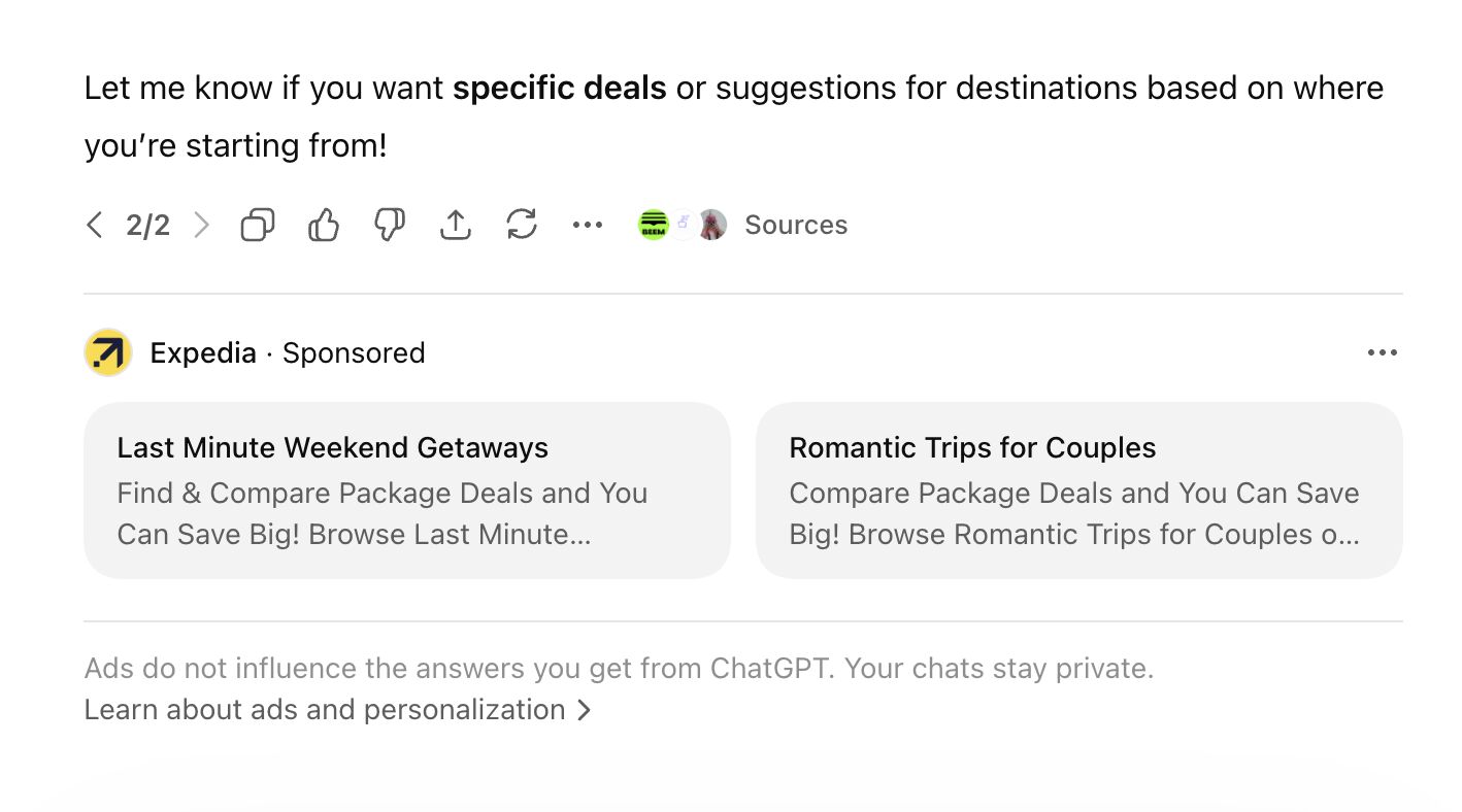 ChatGPT sponsored ad appearing below a response, labeled Sponsored, with brand logo and product details