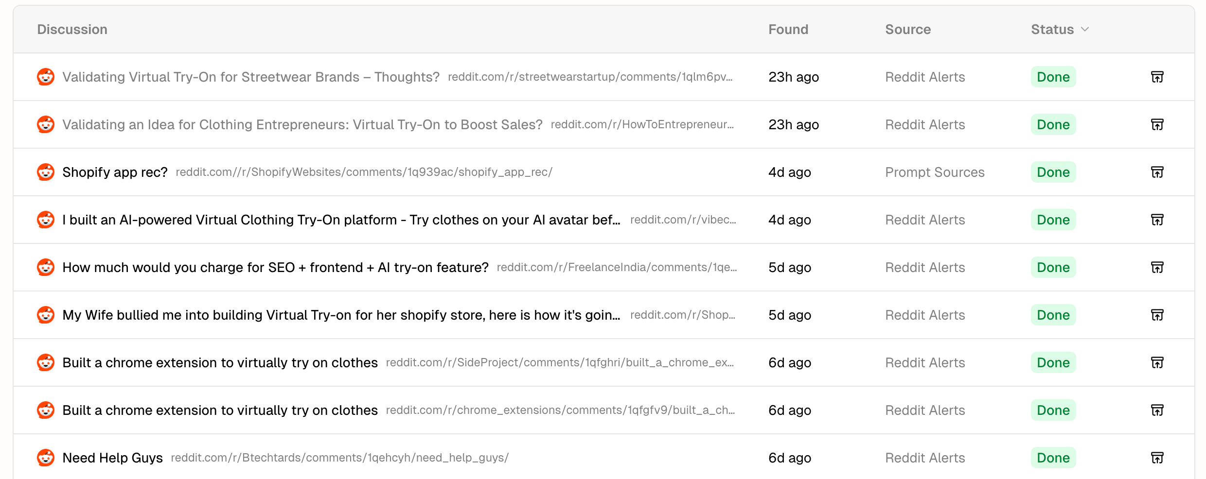 Screenshot of Reddit discussions archive in Airefs showing Genlook mentions